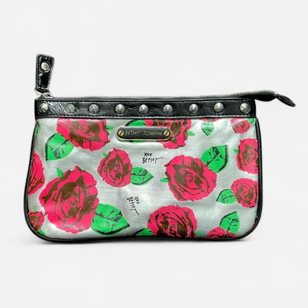 Gorgeous Betsey Johnson silver, red roses, and studs makeup bag